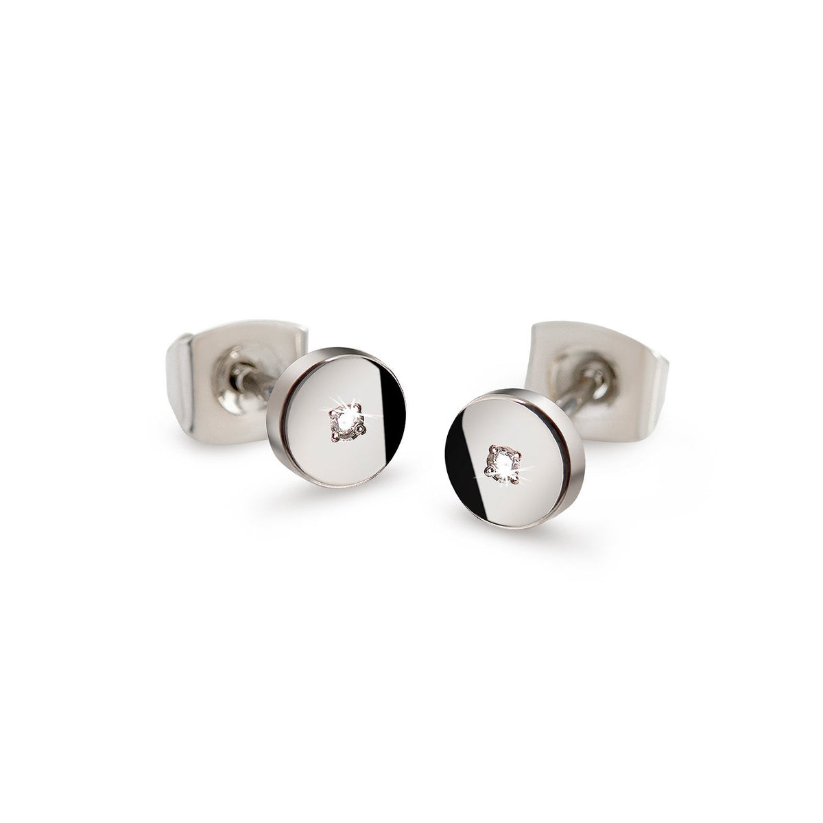 Titanium oorstekers met een ronde, glanzende afwerking en een kleine, heldere steen in het midden.