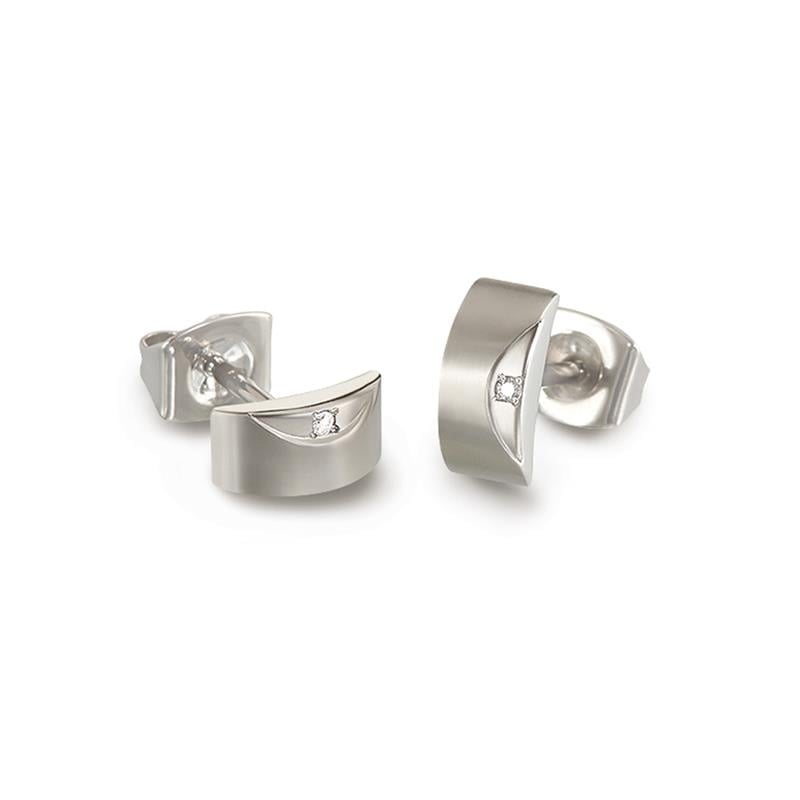 Titanium oorstekers met een matte afwerking en een kleine heldere steen, halvemaanvormig.