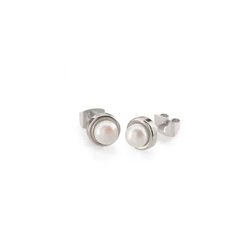 De Boccia Titanium Oorstekers parel 0594-01 zijn voorzien van ronde witte zoetwaterparels gezet in gepolijst titanium, afgebeeld op een witte achtergrond.