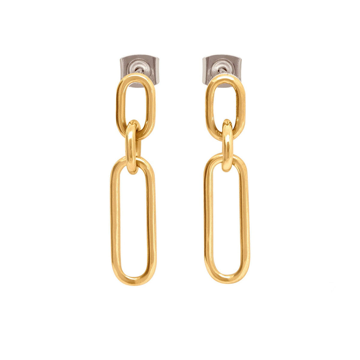 Gouden titanium oorstekers met een schakelontwerp in twee verschillende lengtes.