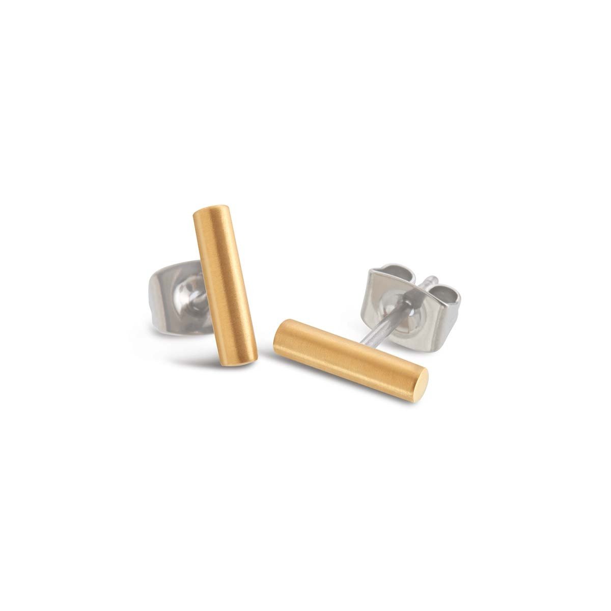 Titanium oorstekers met een gouden afwerking in de vorm van rechte staven.