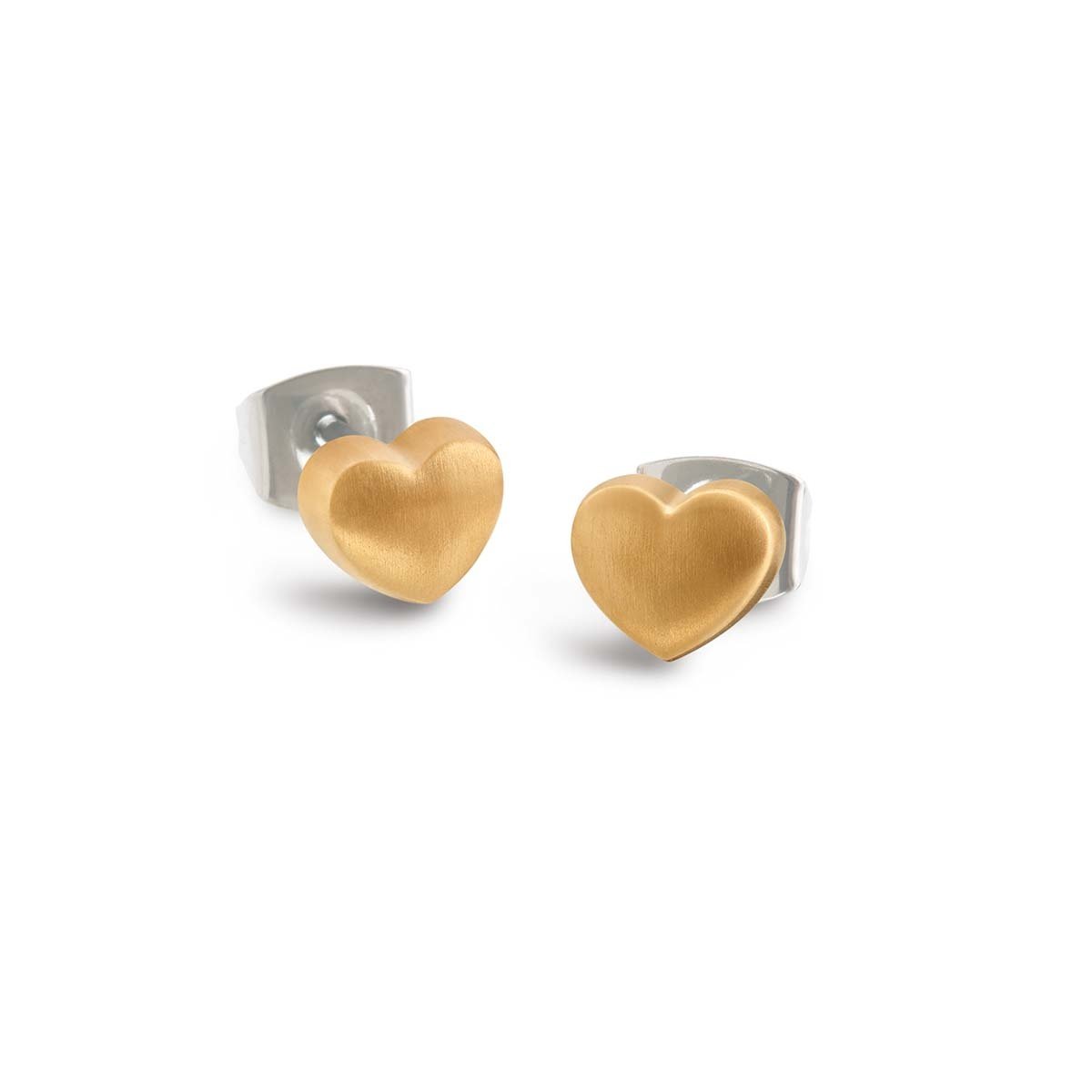 Een paar Boccia Titanium Oorstekers gp 05056-02 van Boccia, hartvormig met een matte gouden voorkant en titanium zilveren pootjes en achterkanten, afgebeeld tegen een witte achtergrond.