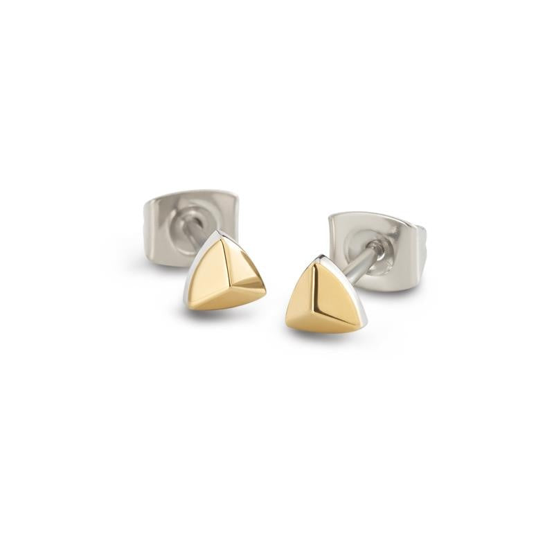 Titanium oorstekers met een gouden driehoekige bovenkant en een zilveren basis.