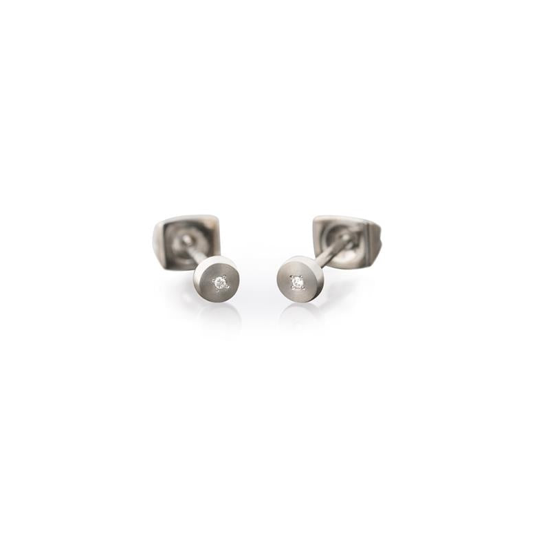 Een paar Boccia Titanium Oorstekers dia 2/0.01 - 0537-01 oorbellen van Boccia, met kleine ronde edelstenen in het midden, worden afgebeeld op een witte achtergrond.