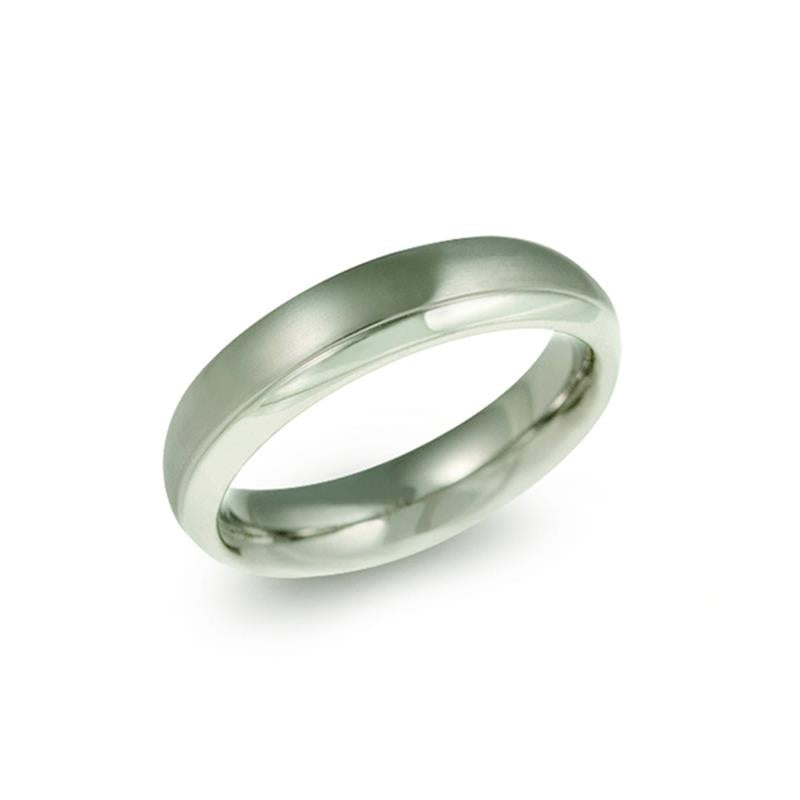 Titanium ring met een gladde, licht gebogen afwerking en een eenvoudige, moderne vorm.