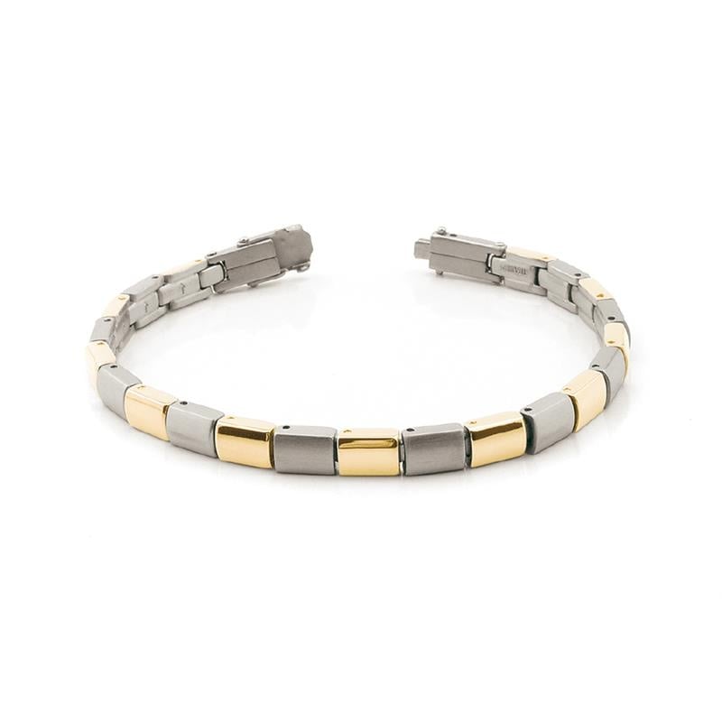 De Boccia Titanium Armband Bicolor 0313-02 heeft afwisselende rechthoekige schakels in elegante goud- en zilvertinten, weergegeven op een wit oppervlak. Het strakke moderne ontwerp wordt geaccentueerd door een open sluiting, wat stijlvolle verfijning laat zien.