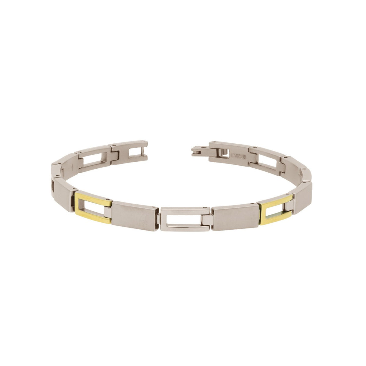 Bicolor titanium armband met een combinatie van zilver en goudkleurige accenten, strak en modern design.