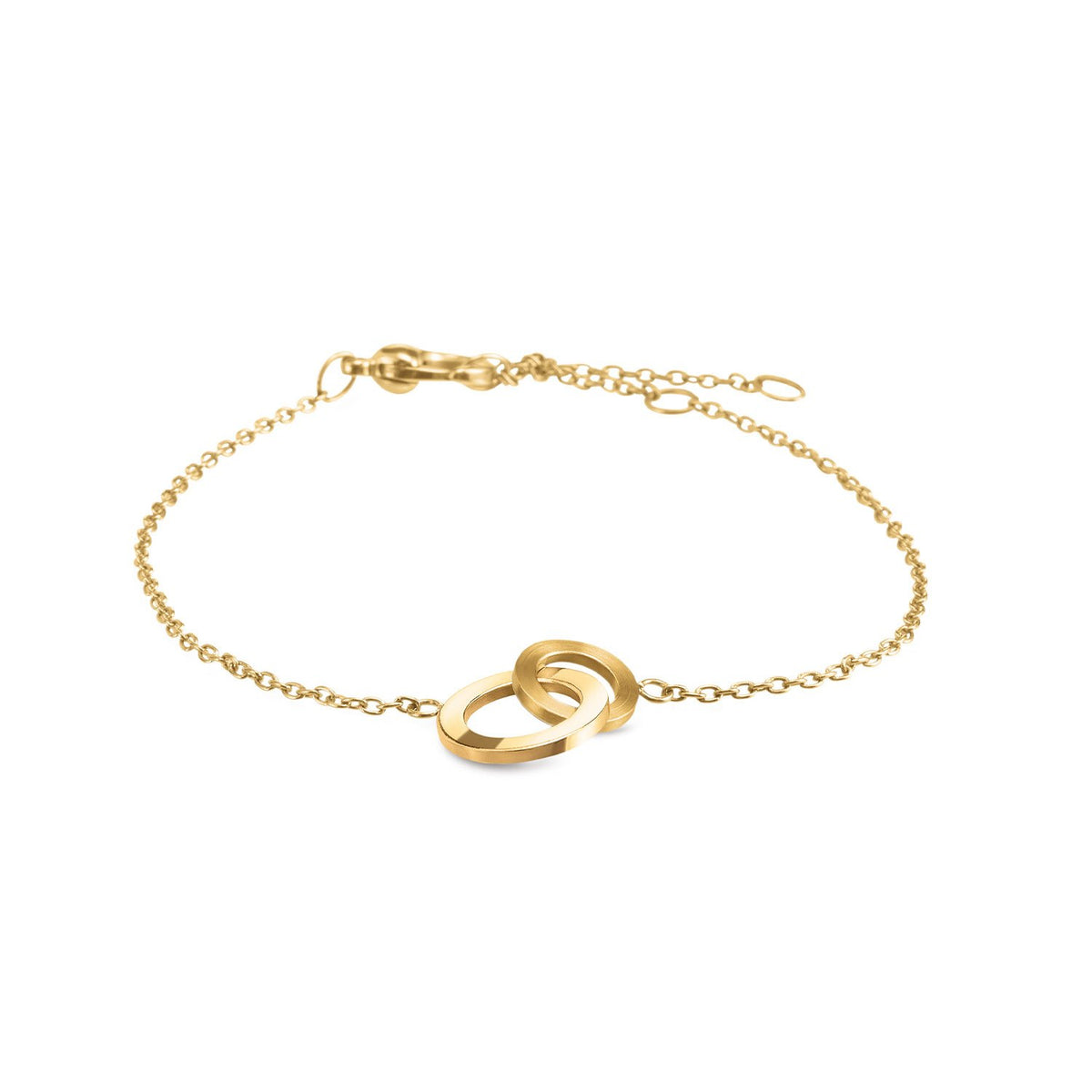 De Boccia Titanium Armband gp 03029-03 van Boccia heeft twee in elkaar grijpende gouden ringen als middelpunt en een verstelbare sluiting, afgebeeld op een effen witte achtergrond.