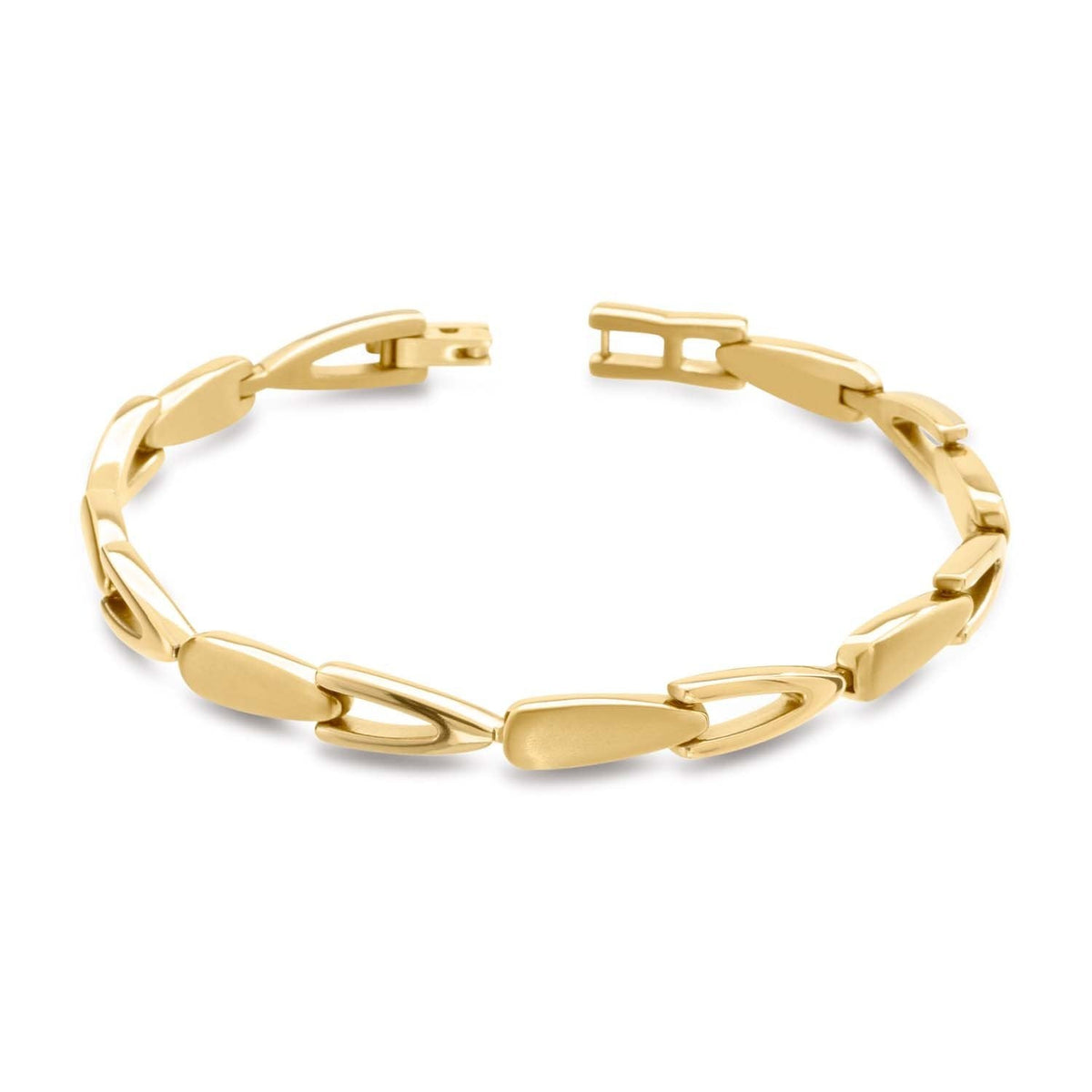 De Boccia Titanium Armband gp 03033-03 is een goudkleurige damesarmband met langwerpige, gladde, licht gebogen rechthoekige schakels in een patroonmotief, gesloten door een degelijke sluiting. Merk: Boccia.
