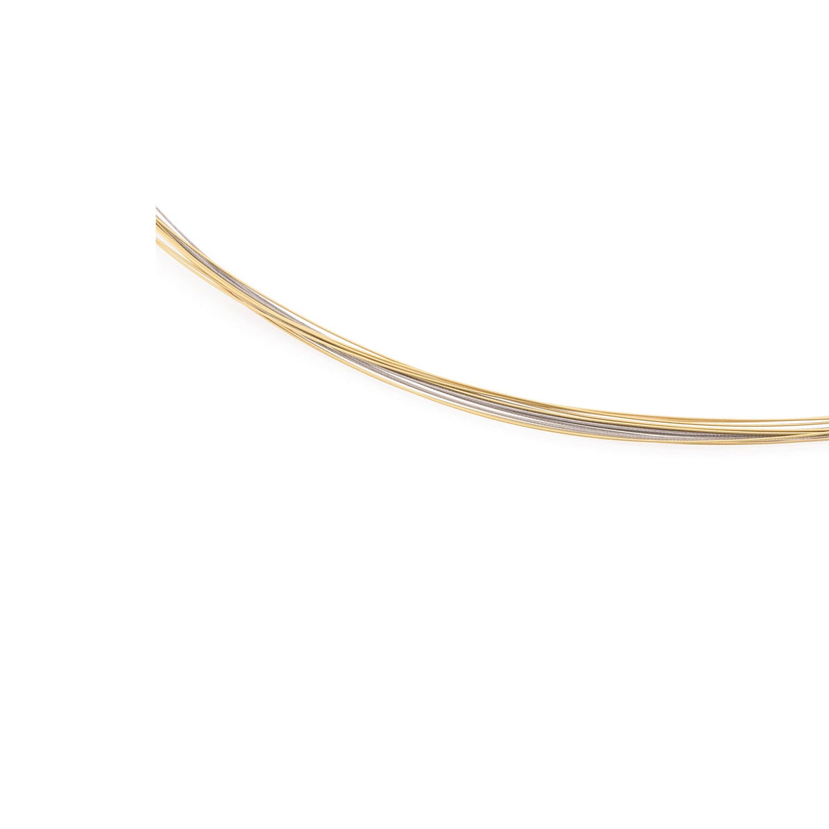 De Boccia Titanium Lengte Collier Bicolor staal 0859-03, een slanke gouden en zilverkleurige stalen halsketting van Boccia, is linksboven geplaatst op een effen witte achtergrond.