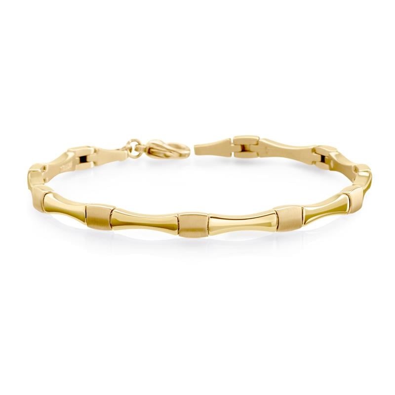 De Boccia Titanium Armband gp 03037-03 van Boccia heeft een op bamboe geïnspireerd ontwerp met gladde, afgeronde segmenten in een cirkel en is bevestigd met een karabijnsluiting.