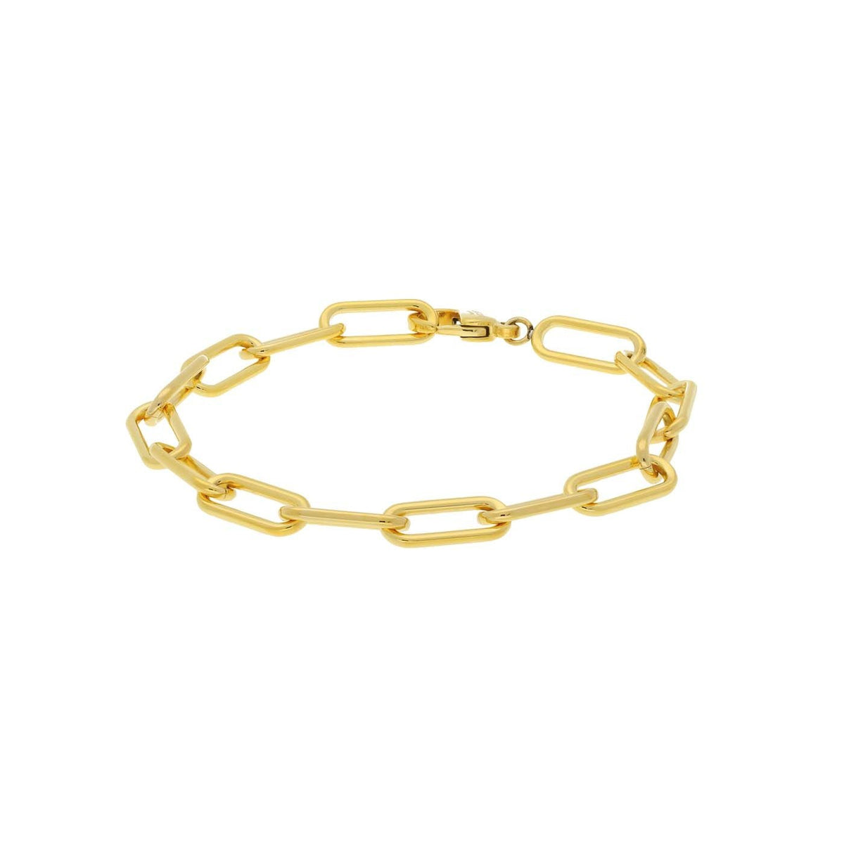 Boccia Titanium Armband gp 03045-02: Een gouden schakelarmband met langwerpige paperclipschakels en een karabijnsluiting, vervaardigd door Boccia van verguld titanium, afgebeeld op een witte achtergrond.
