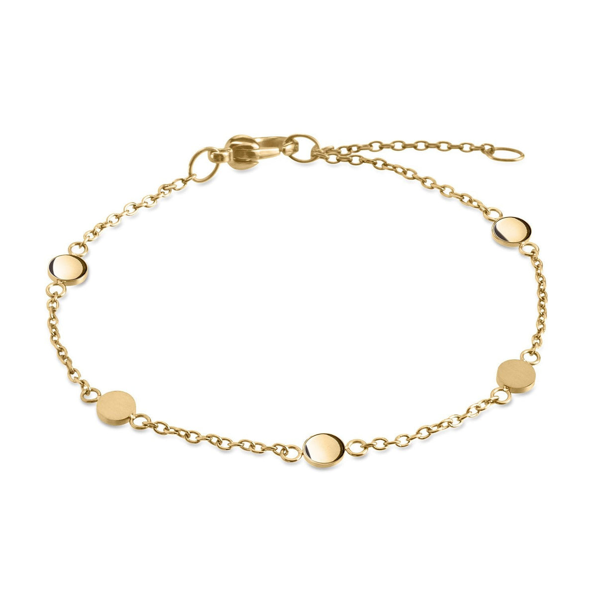 Gouden titanium armband met ronde schijfjes en een verstelbare sluiting.