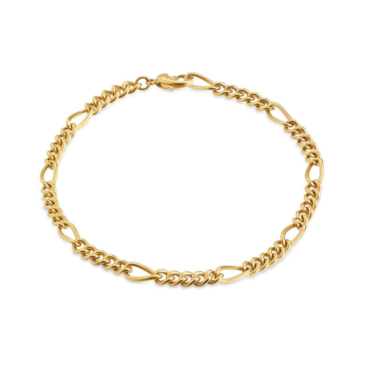 De Boccia Titanium Armband gp 03051-02 van Boccia heeft afwisselend kleine ovale en figaro schakel gedraaide gouden schakels met een karabijnsluiting, weergegeven in een ronde vorm op een witte achtergrond.