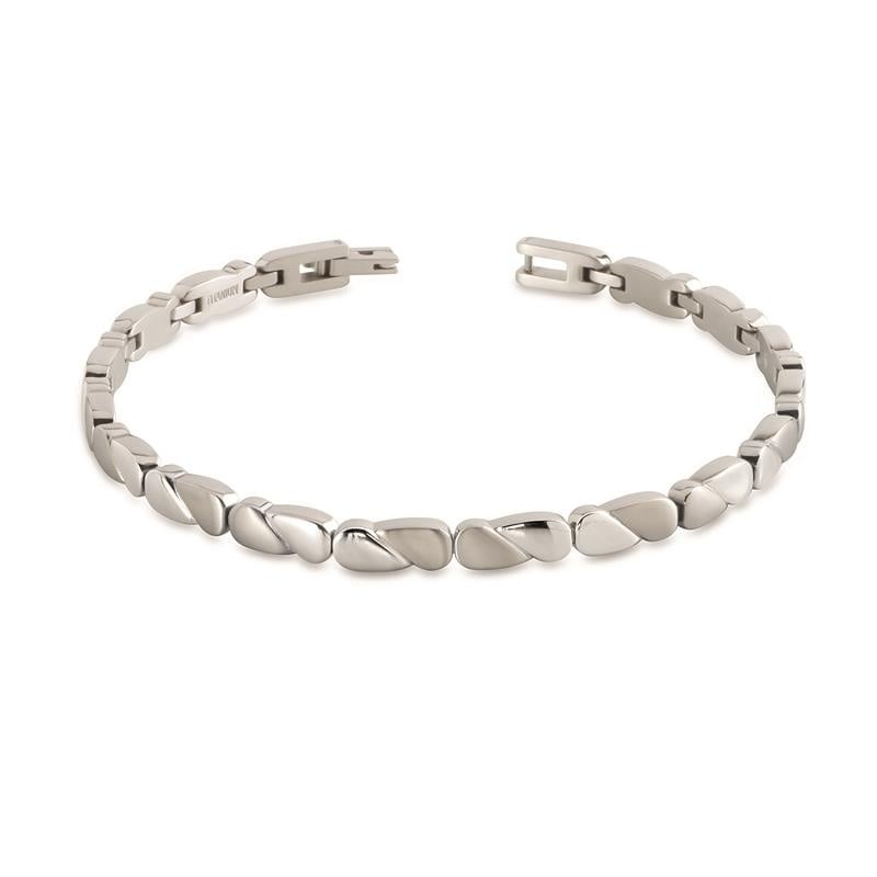 Titanium armband met een schakelsysteem in een moderne, golvende vorm.