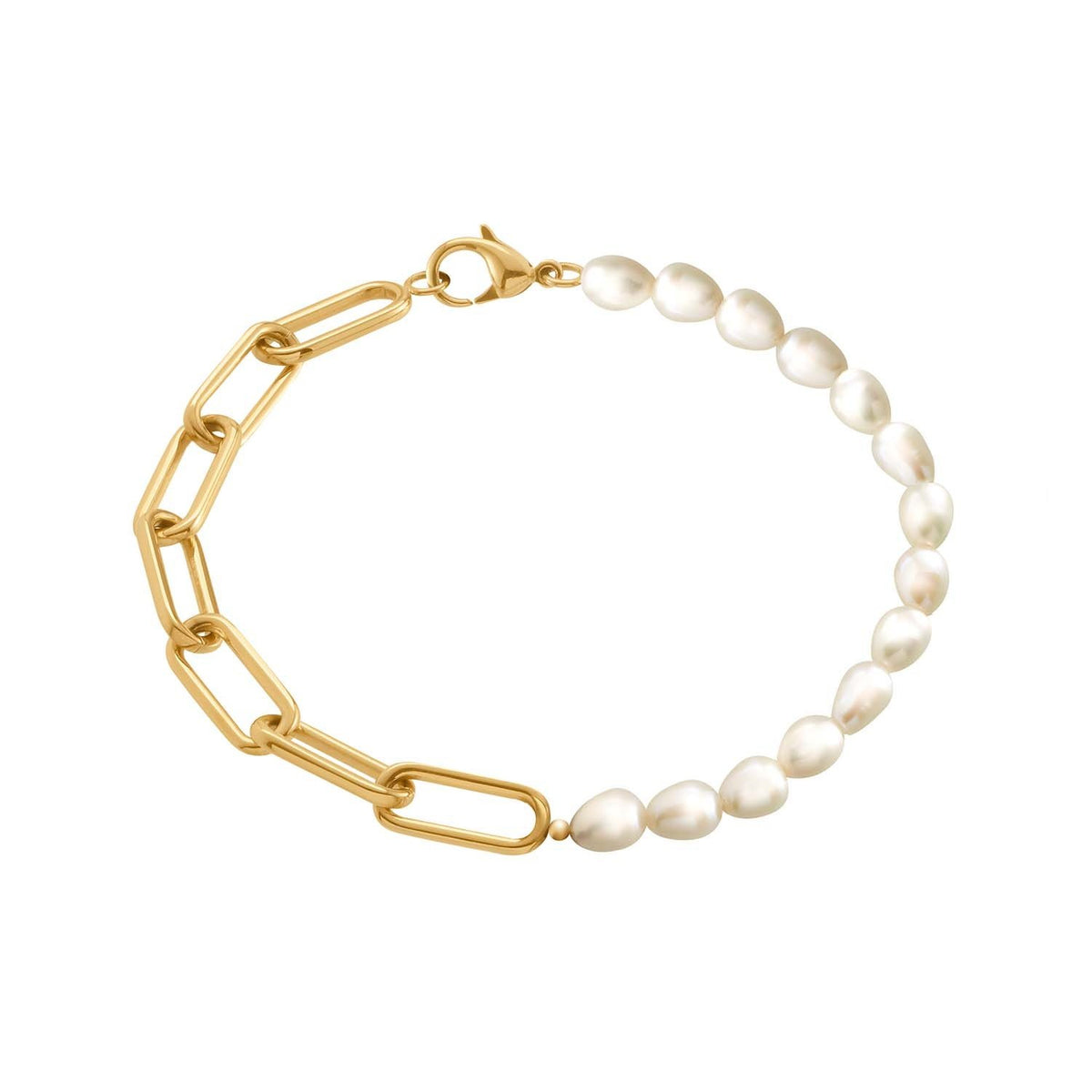 Gouden titanium armband met parels en een schakelsluiting.