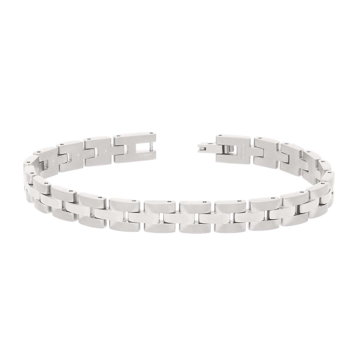 Titanium armband met een schakelontwerp en een glanzende afwerking in zilver.
