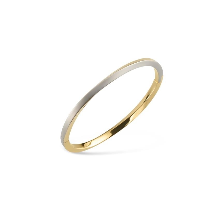 De Boccia Titanium Armband Spang Bicolor 03011-02 is een slank, gepolijst stuk met een half gouden, half zilveren ontwerp. Het reflecterende oppervlak benadrukt de eenvoudige elegantie van deze titanium armband, afgebeeld tegen een effen witte achtergrond.