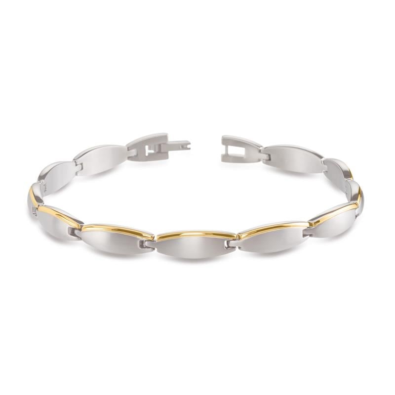 Bicolor titanium armband met een combinatie van zilver en goudkleurige accenten, met een schakelontwerp.