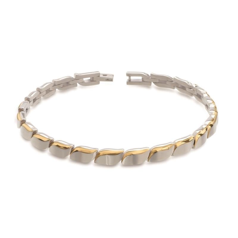Bicolor titanium armband met een glanzende zilveren en gouden afwerking, met een golvende schakelvorm.