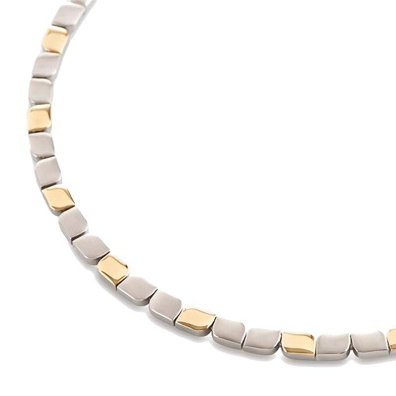 Bicolor titanium collier met een afwisselende schakeling van zilverkleurige en goudkleurige elementen.
