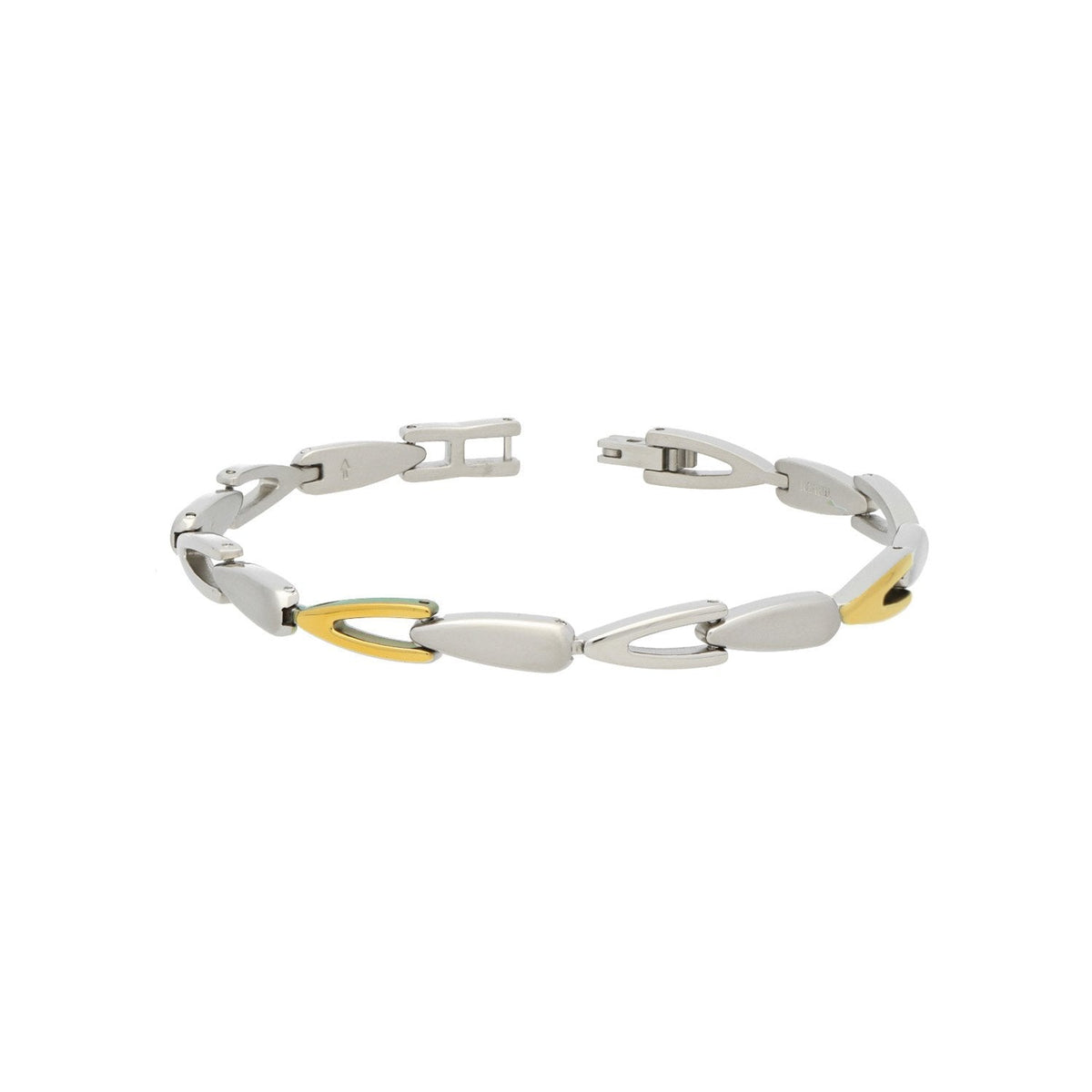 De Boccia Titanium Armband van Boccia heeft afwisselend zilveren en gouden ovale schakels, een modern ontwerp van duurzaam titanium en is voorzien van een vouwsluiting voor een elegante, eigentijdse look.