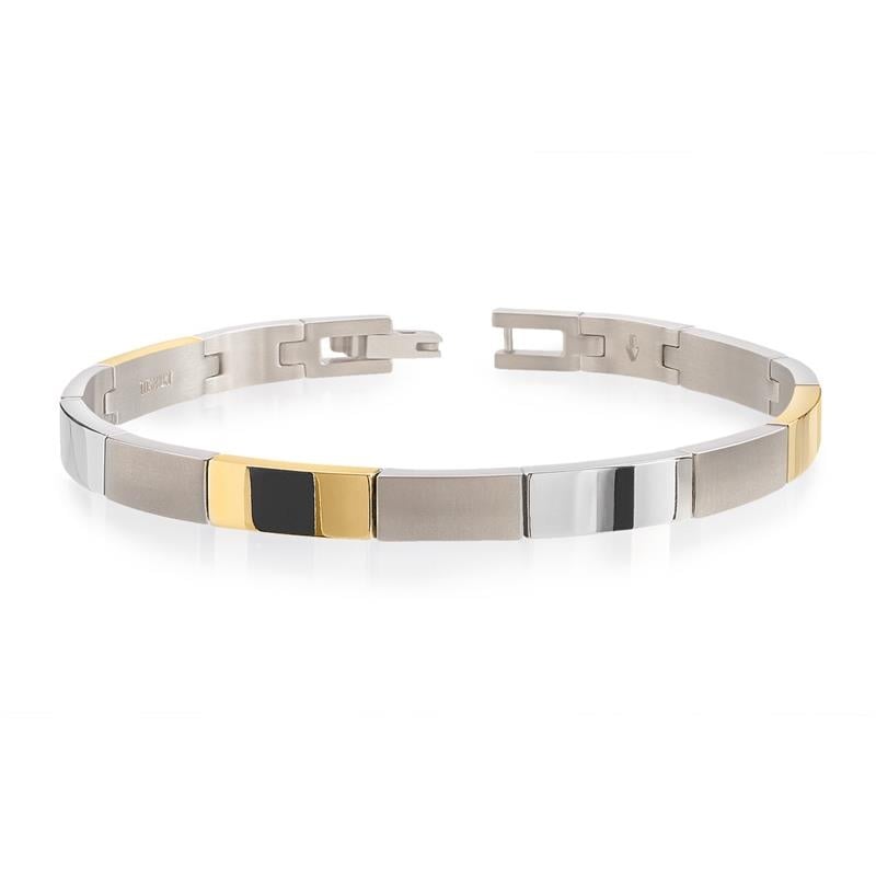 De Boccia Titanium Armband Bicolor 03036-02 heeft afwisselend zilveren, gouden en zwarte segmenten met een rechthoekig geometrisch ontwerp en minimalistische sluiting, die de strakke moderne stijl van Boccia laat zien.