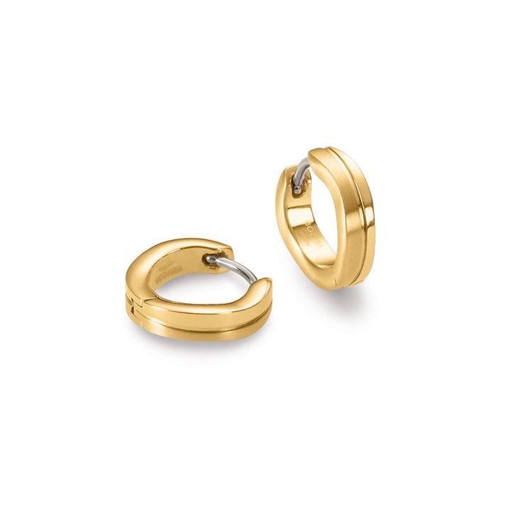 Boccia Titanium Oorringen gp 0563-06: kleine goudkleurige oorbellen van Boccia met een glad gepolijst oppervlak, fijne groefdetails en een handige scharnier sluiting.