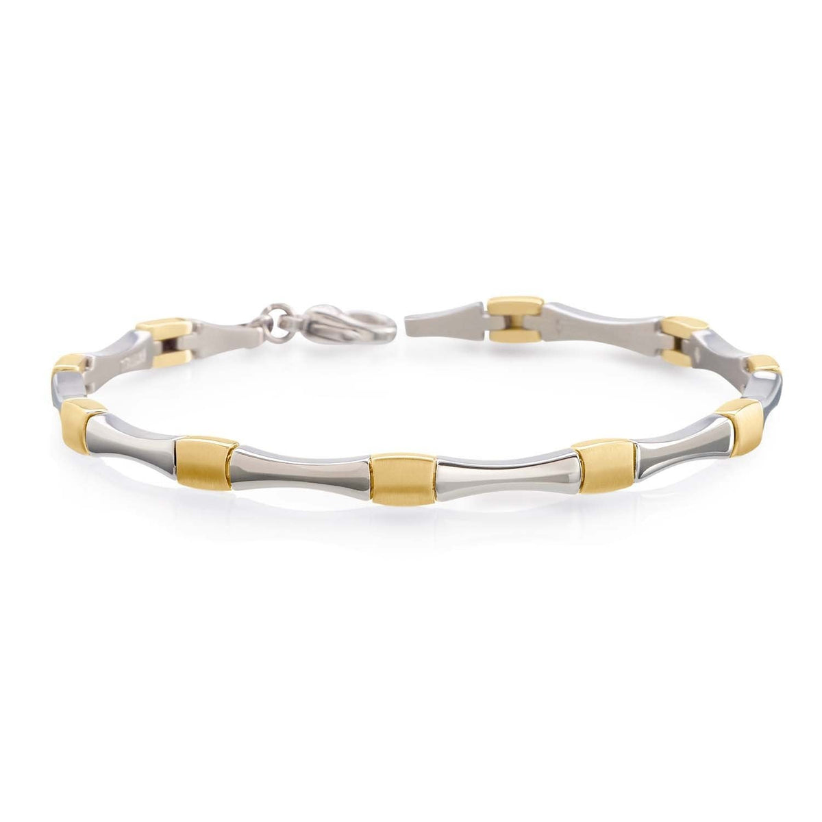De Boccia Titanium Armband Bicolor 03037-04 heeft afwisselend zilver- en goudkleurige gebogen schakels met een gespsluiting-een strakke, moderne damesarmband van Boccia.
