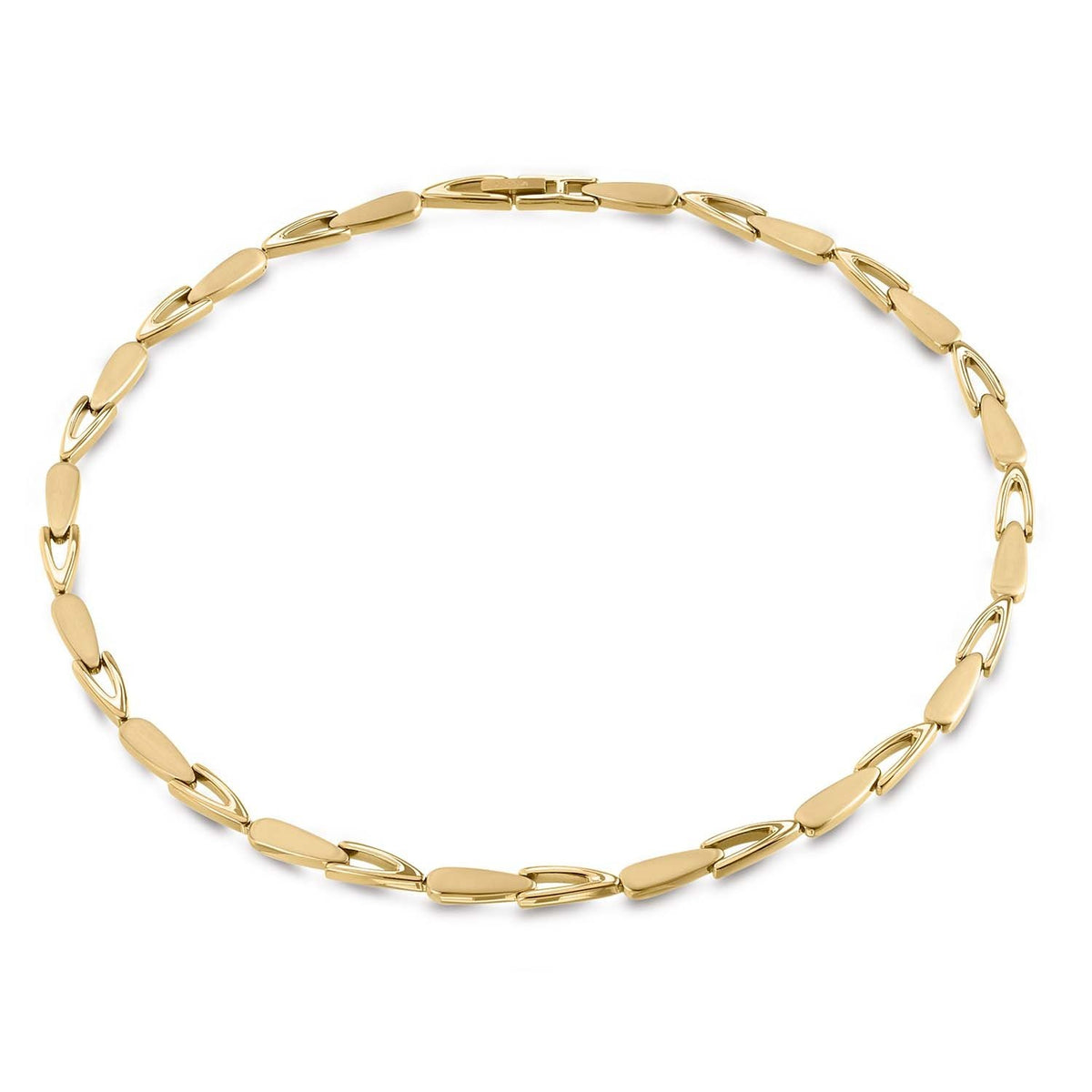 De Boccia Titanium Collier gp 08039-03 is een goudkleurige ketting van Boccia met afwisselend gladde ovale en open schakels, symmetrisch in een cirkel gelegd tegen een witte achtergrond.