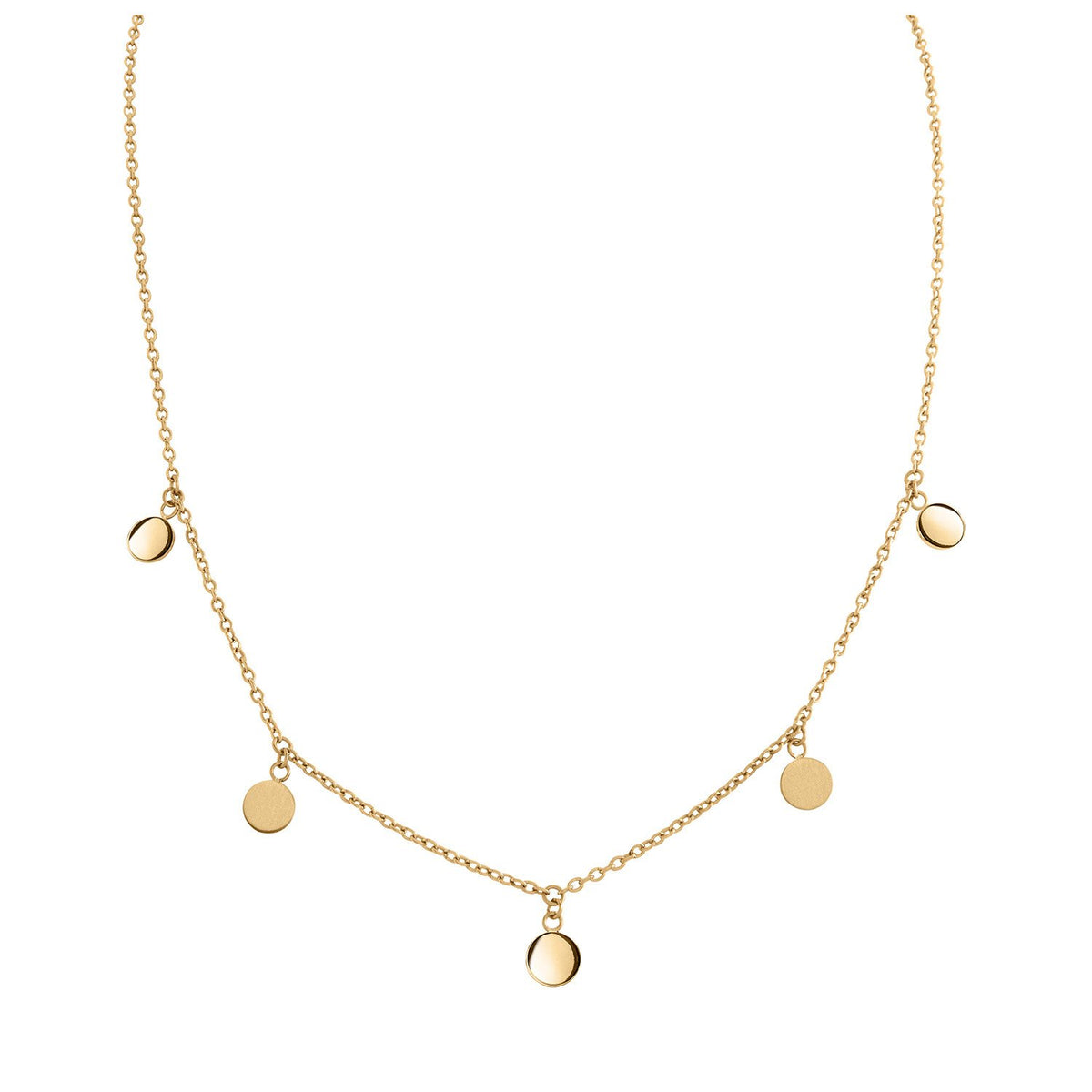De Boccia Titanium Collier gp 08064-02 van Boccia is een delicaat goudkleurig collier met vijf gelijkmatig verdeelde kleine ronde schijfjes die een minimalistische en moderne elegantie uitstralen.