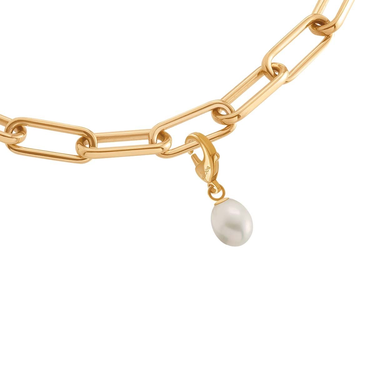 Gouden titanium hanger met een parel, bevestigd aan een schakelketting.