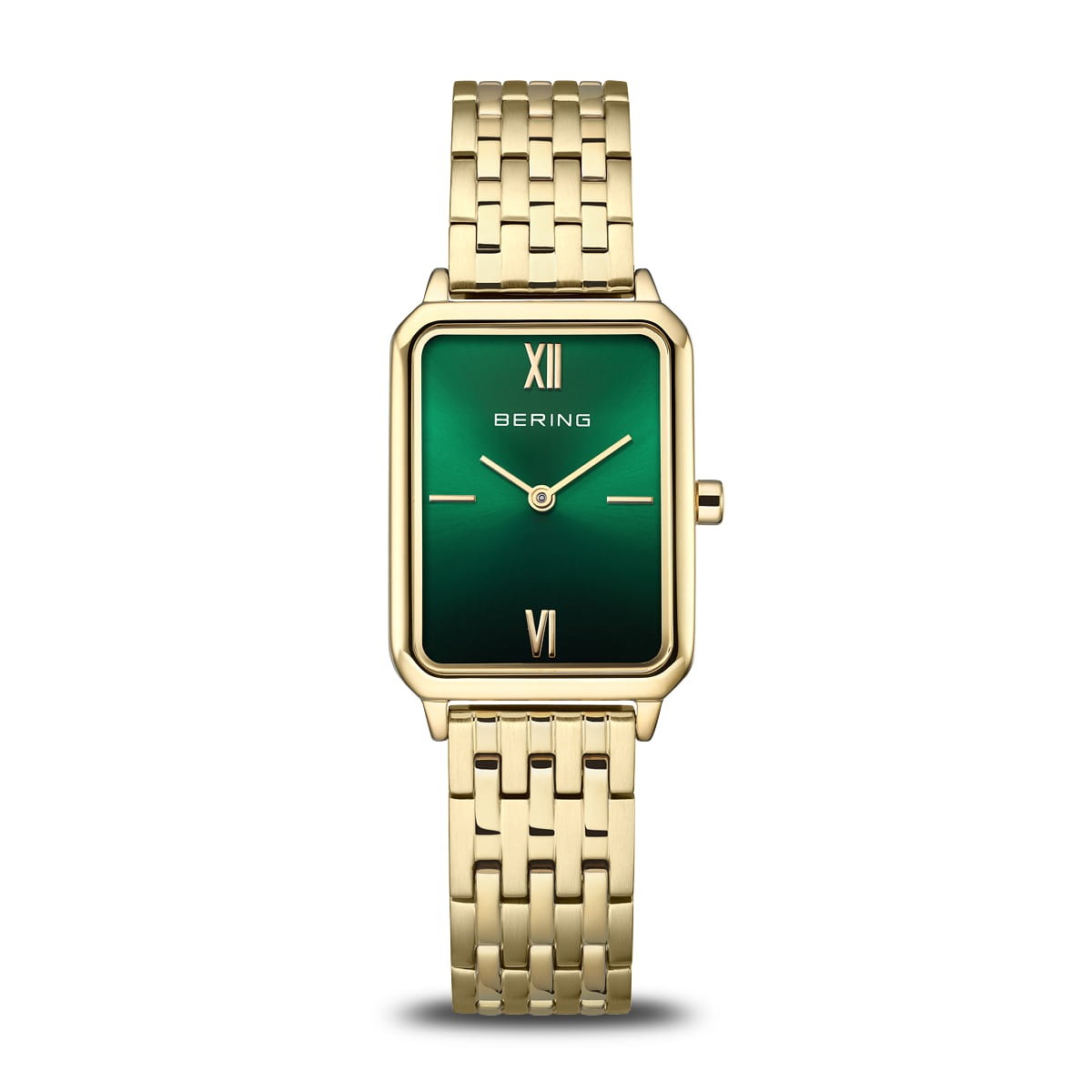 Gouden dames horloge met groene wijzerplaat en rechthoekige kast, voorzien van een mesh-band.