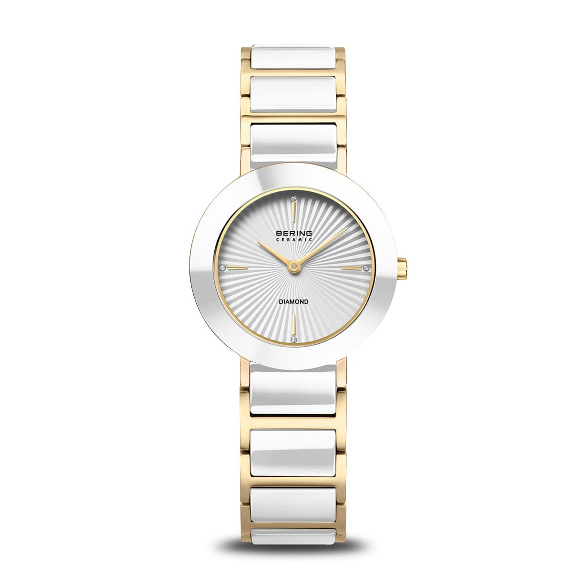 Wit Bering horloge met gouden accenten, ronde kast en een witte wijzerplaat met strakke lijnen.