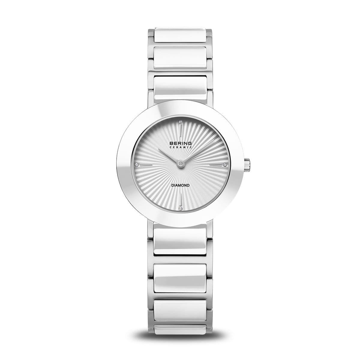 Wit Bering horloge met een strakke wijzerplaat en een zilverkleurige schakelband.