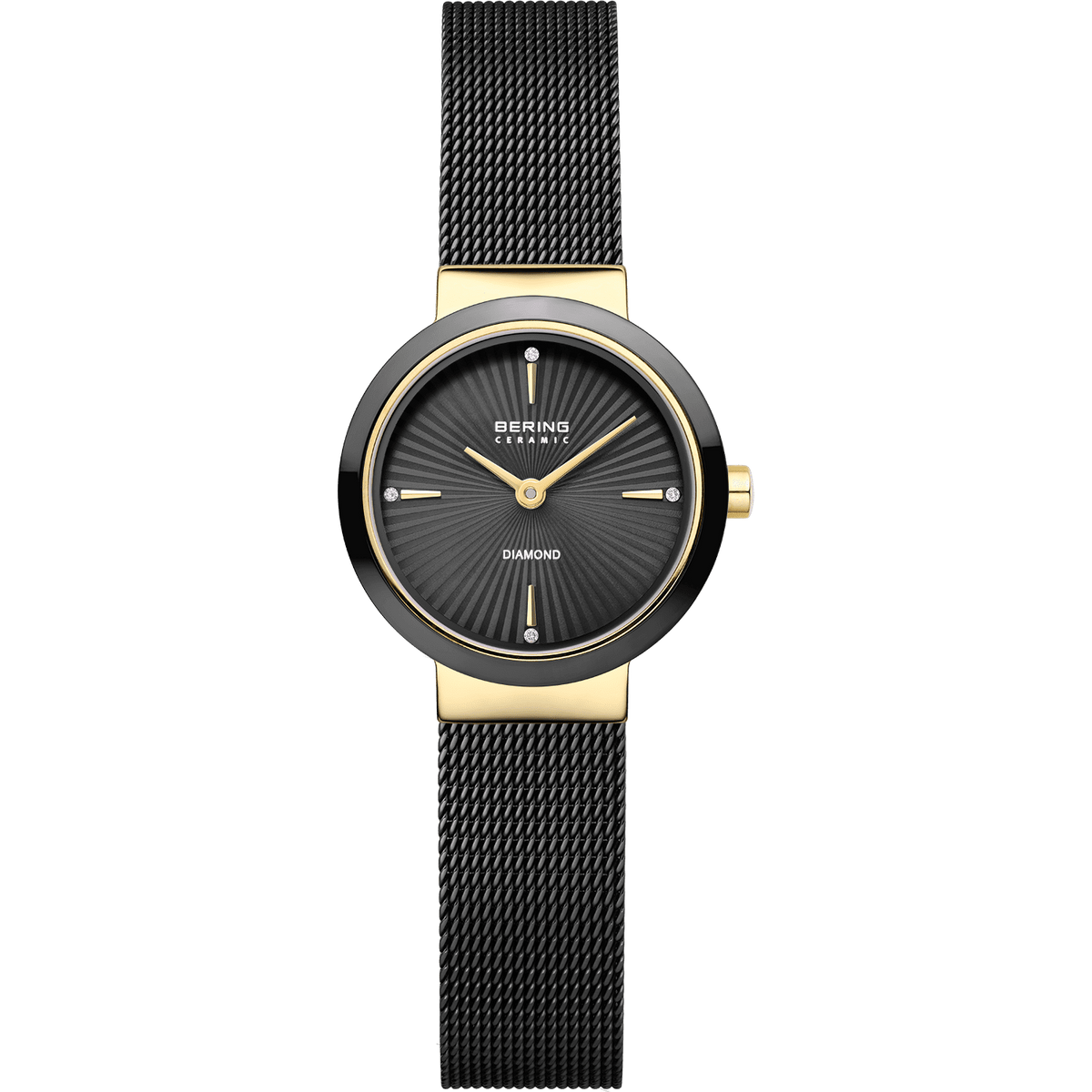 Zwart dameshorloge met zwarte wijzerplaat, gouden details en een mesh-band.