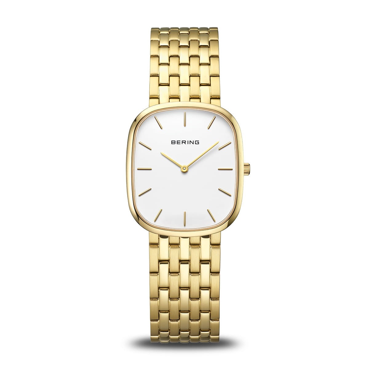 Gouden dames horloge met een vierkante kast en witte wijzerplaat, voorzien van een mesh-band.