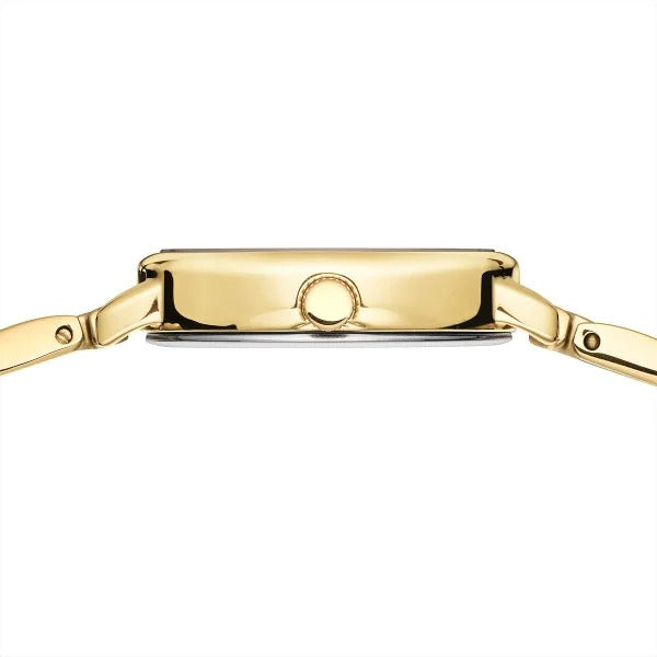 Zijaanzicht van de Bering 11020-734 goudkleurige dameshorloge met een ronde kroon en gepolijste kast aan een gouden armband. Het slanke profiel en de minimale details benadrukken het elegante ontwerp en het betrouwbare quartz uurwerk.
