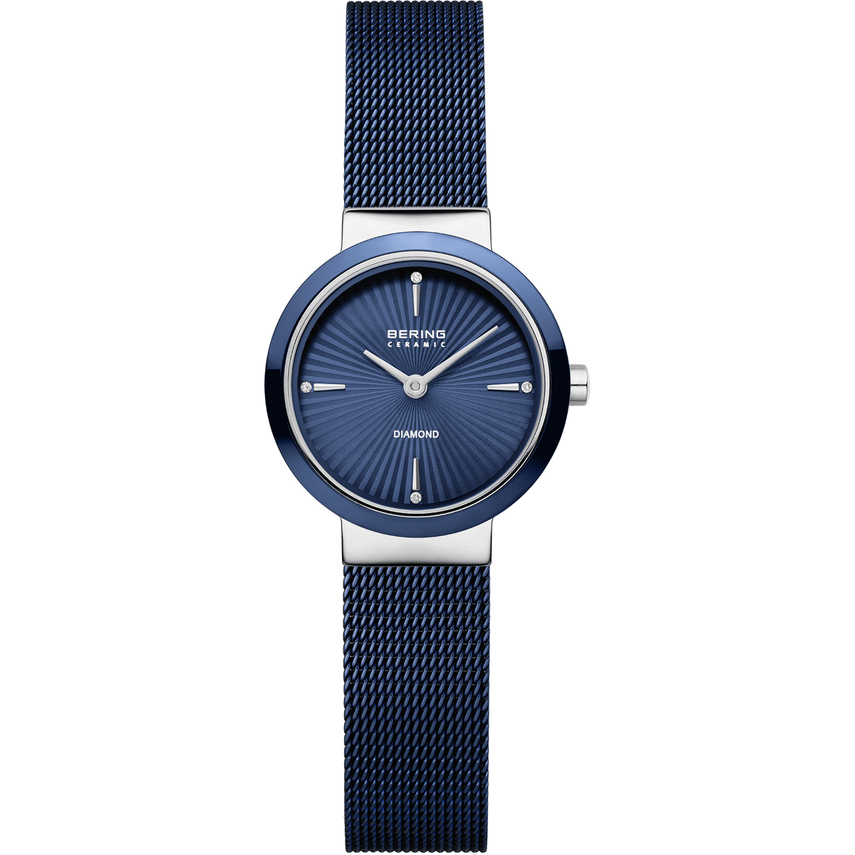 Blauw dames horloge met een blauwe wijzerplaat en zilveren mesh-band.