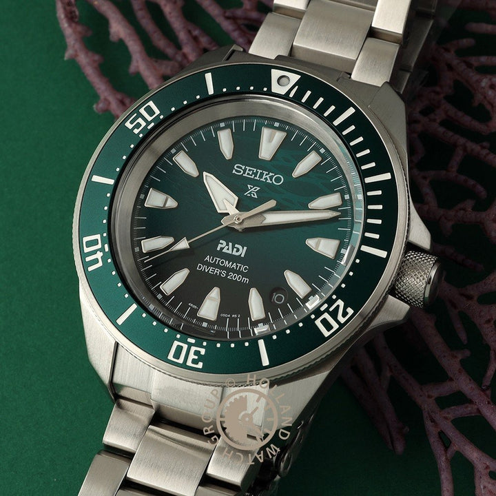 Een close-up van een Seiko heren horloge SRPL53K1, met een groene lunette en wijzerplaat, zilverkleurige uurmarkeringen en wijzers, en een roestvrijstalen armband, geplaatst op een groen oppervlak naast paars koraal.