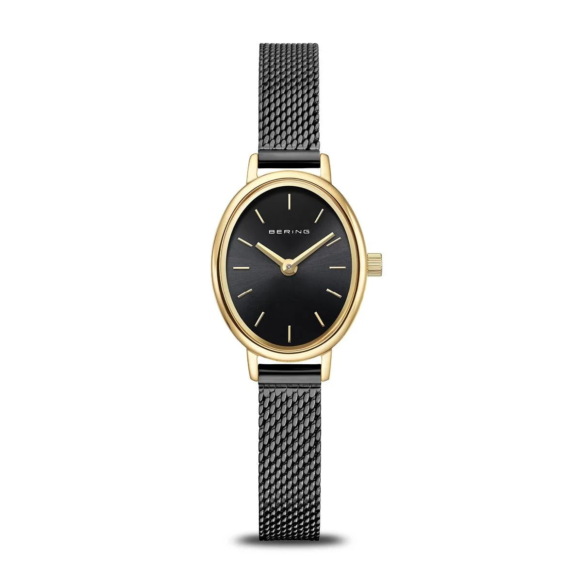 Gouden horloge met zwarte wijzerplaat en mesh-band.
