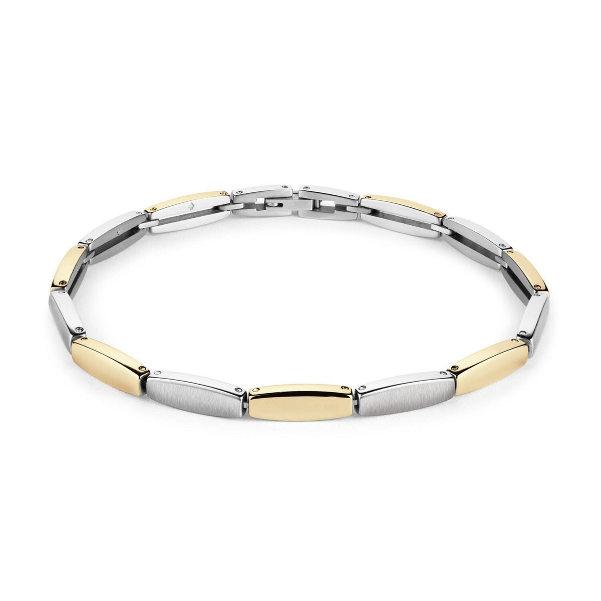 De Boccia Titanium Armband Bicolor 03063-02 heeft afwisselend gouden en zilveren rechthoekige schakels met ronde sluitingen, elegant weergegeven in een ronde vorm tegen een witte achtergrond.