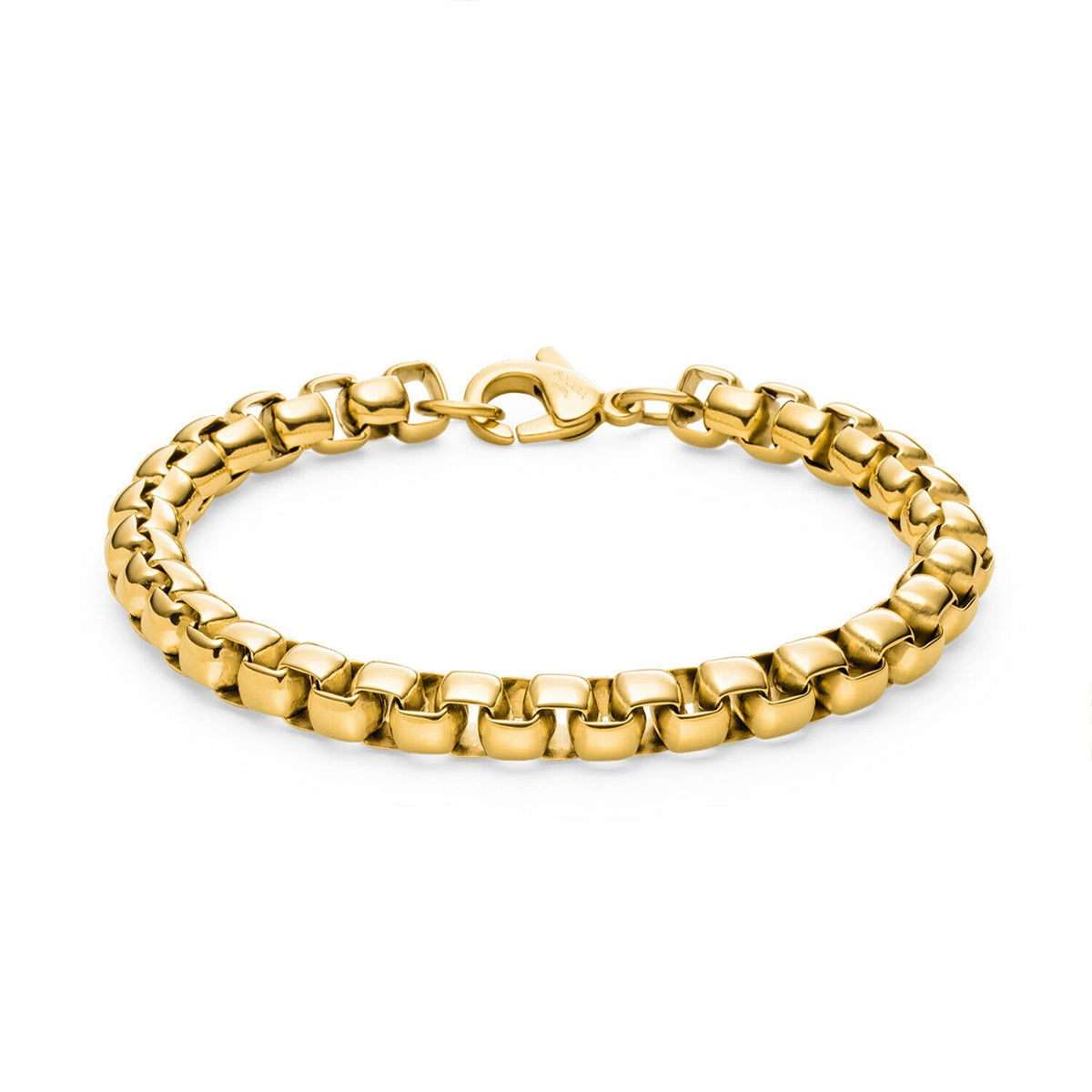 Gouden titanium armband met een schakelontwerp en een stevige sluiting.