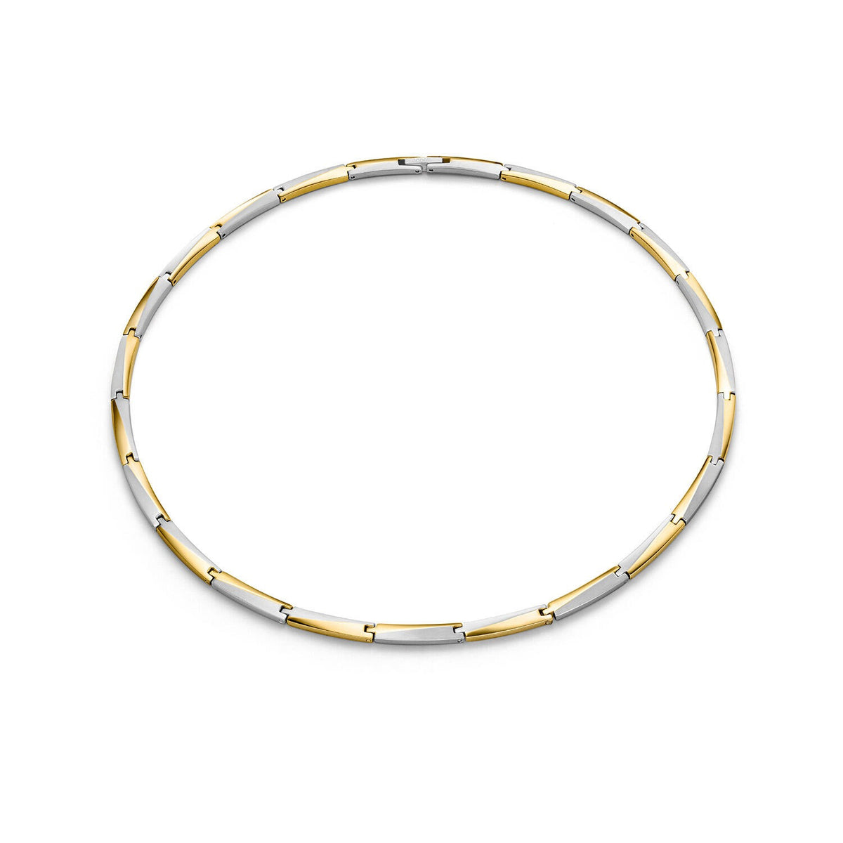 Bicolor titanium collier met afwisselend gouden en zilveren schakels in een strakke, moderne vorm.