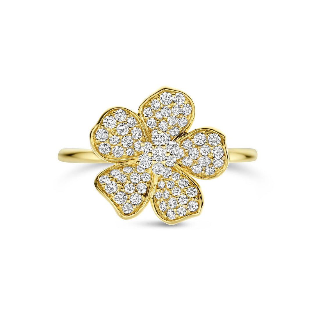 Gouden dames ring met bloem en diamant – 14k geelgoud