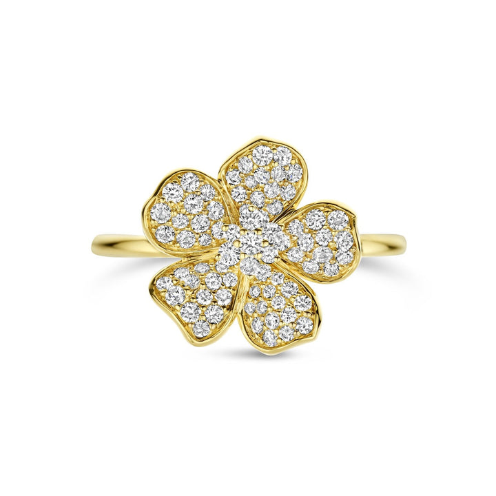 Gouden dames ring met bloem en diamant – 14k geelgoud