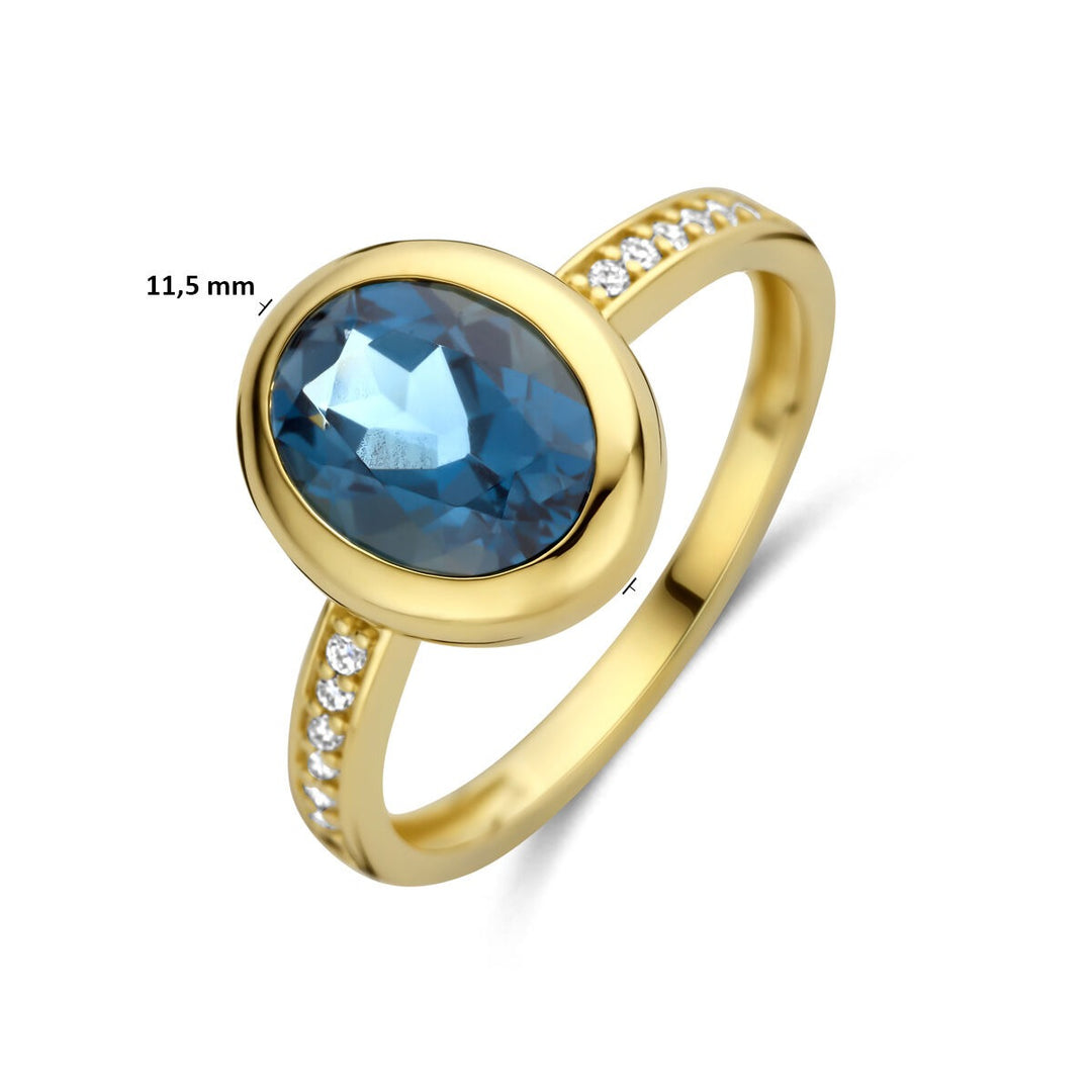 Gouden dames ring met London Blue topaas en diamant – 14k geelgoud