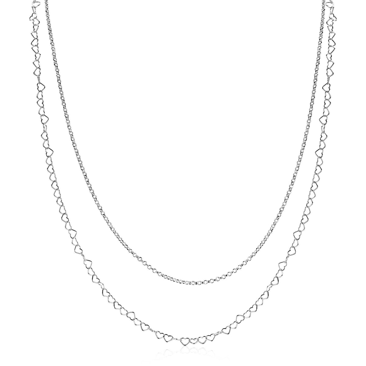 Zilveren ketting met twee rijen, versierd met hartvormige schakels.
