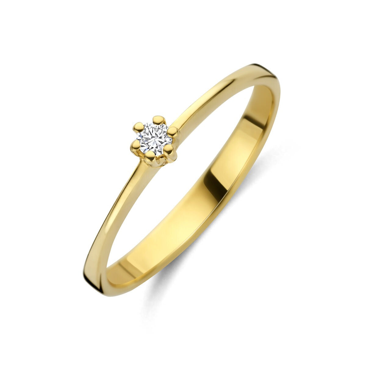 Geelgouden ring met een lab grown diamant, eenvoudig ontwerp met een enkele steen.