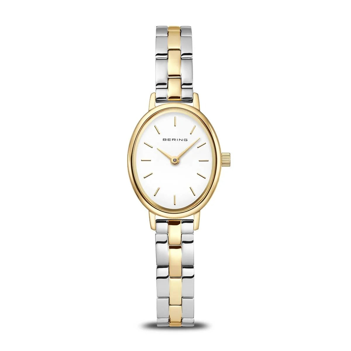 Gouden en zilveren horloge met een ovale wijzerplaat en een witte achtergrond.